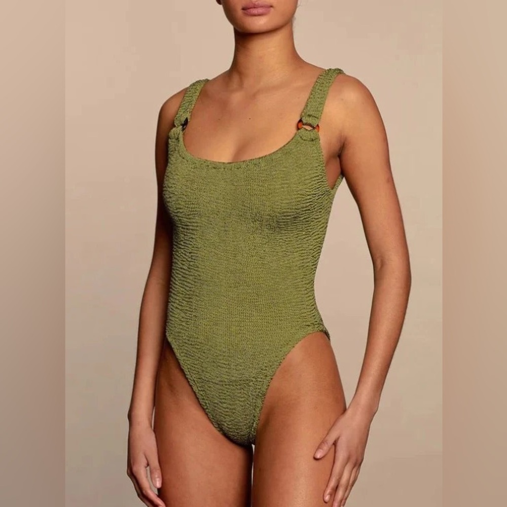 Hunza G Domino Metallic Moss Green Swimsuit Crinkle Bikini One Piece Stretch